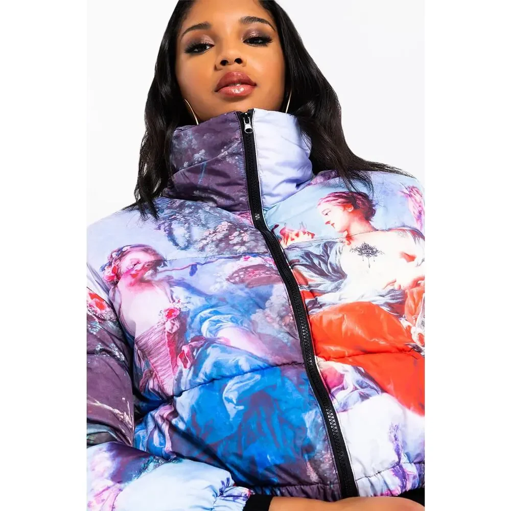 Azalea Wang Renaissance Art Puffer Jacket Size XL Art to Wear Bomber Coat